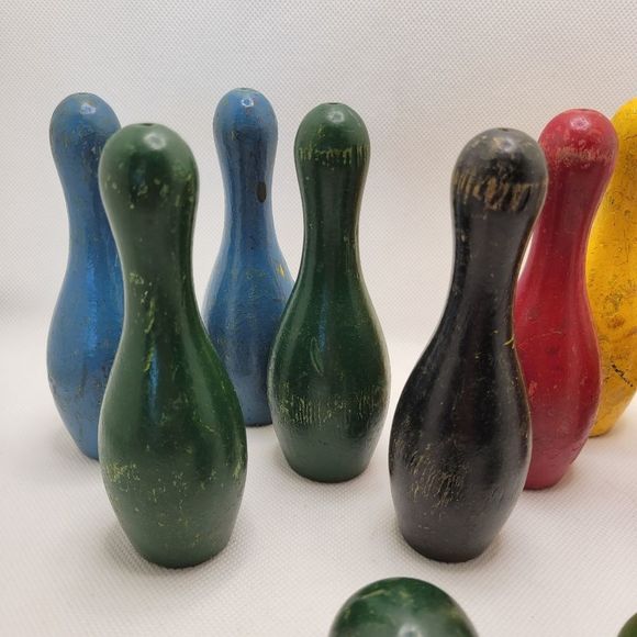 Mid-Century Wooden Toy Bowling Pin and Ball Set 1950s Rainbow - Picture 8 of 12